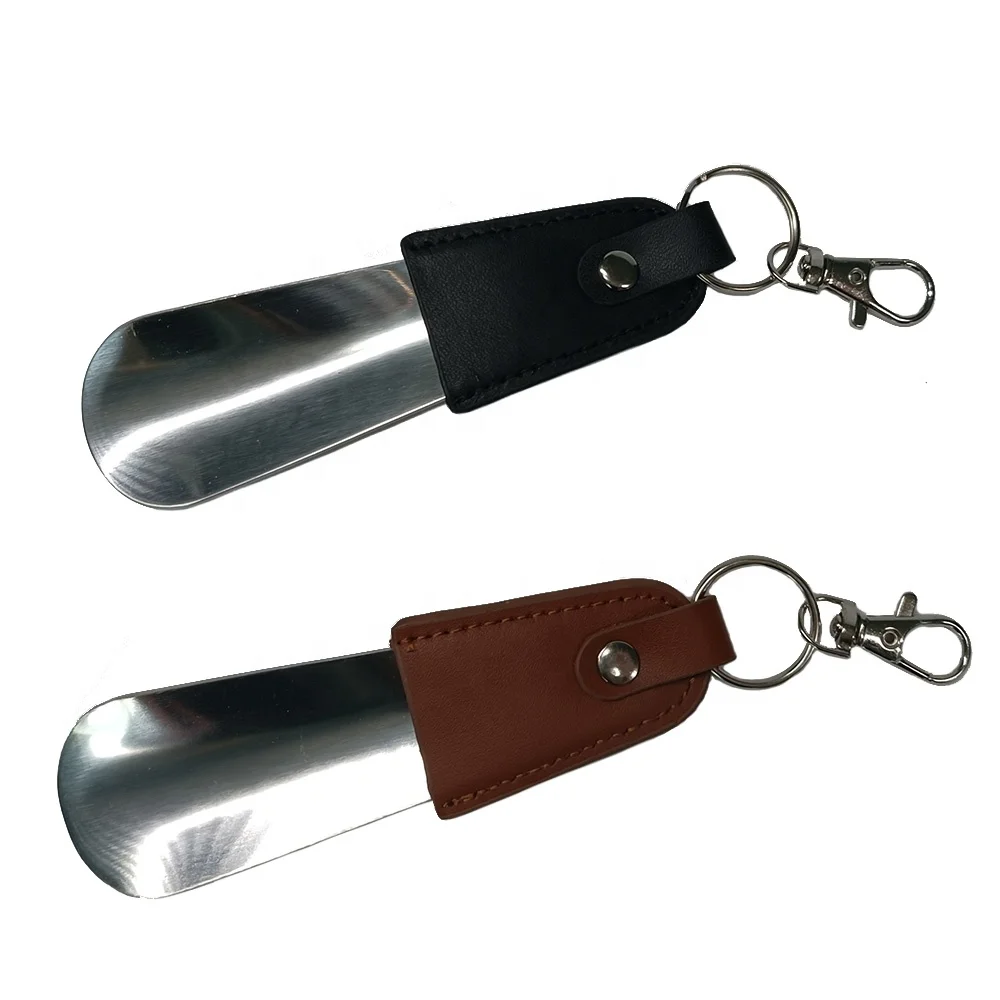 Leather handle shoe wearer short portable metal shoehorn shoe pump lazy old people stainless steel tool shoe horn - MH03LH