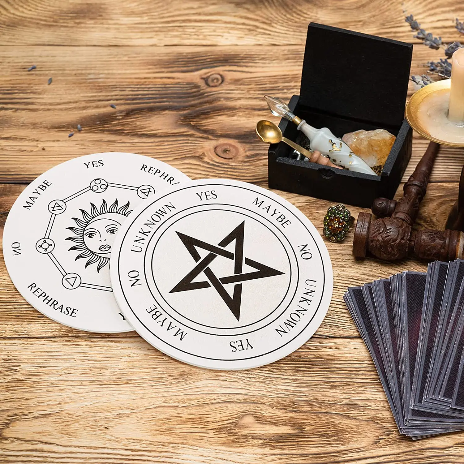 6IN 2PCS Wooden Pendulum Board with Stars Sun and Moon for Divination Message Board Wooden Board Altar Decoration