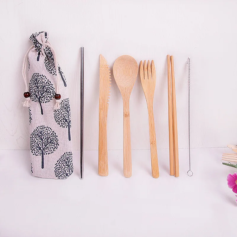 Hot Sale  6pc Natural Bamboo Material Bamboo Cutlery Fork Spoon Knife Straw set for Camping and travel