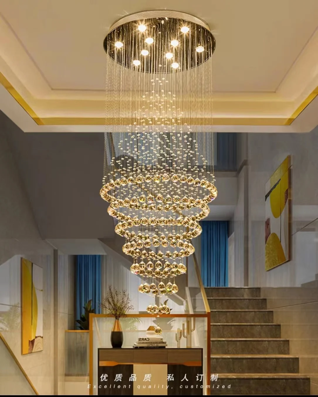 Modern Stainless Steel Crystal Chandelier with LED Light Source Large Home Decor Chain Lighting Fixture for Staircase and Villa