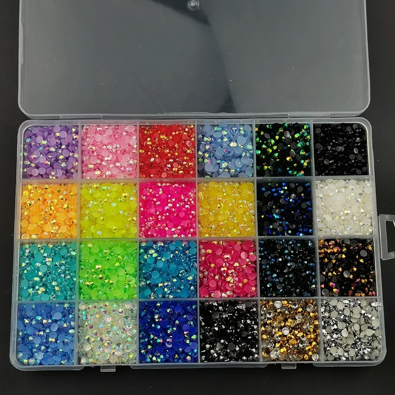 Wholesale 24 Cells Mixed Colors Jelly AB Candy Stone Boxes Resin Nail Rhinestones Flat Back Crystals for DIY Bags Art Crafts