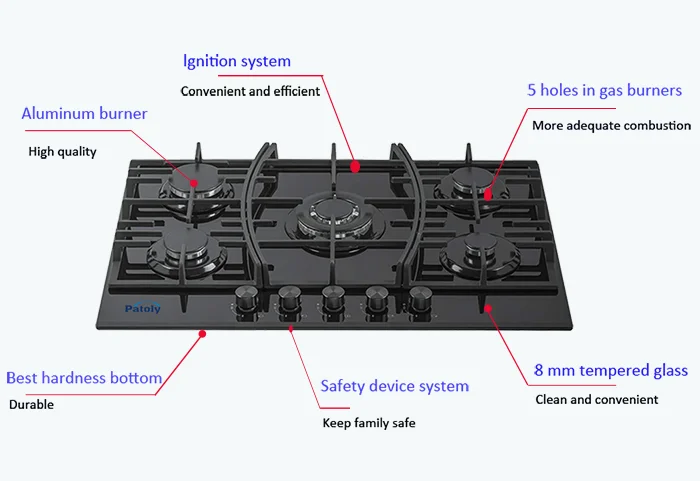 Household 5 burners tempering glass built-in gas hob natural gas kitchen stove cast Iron liquefied petroleum lpg cooktop