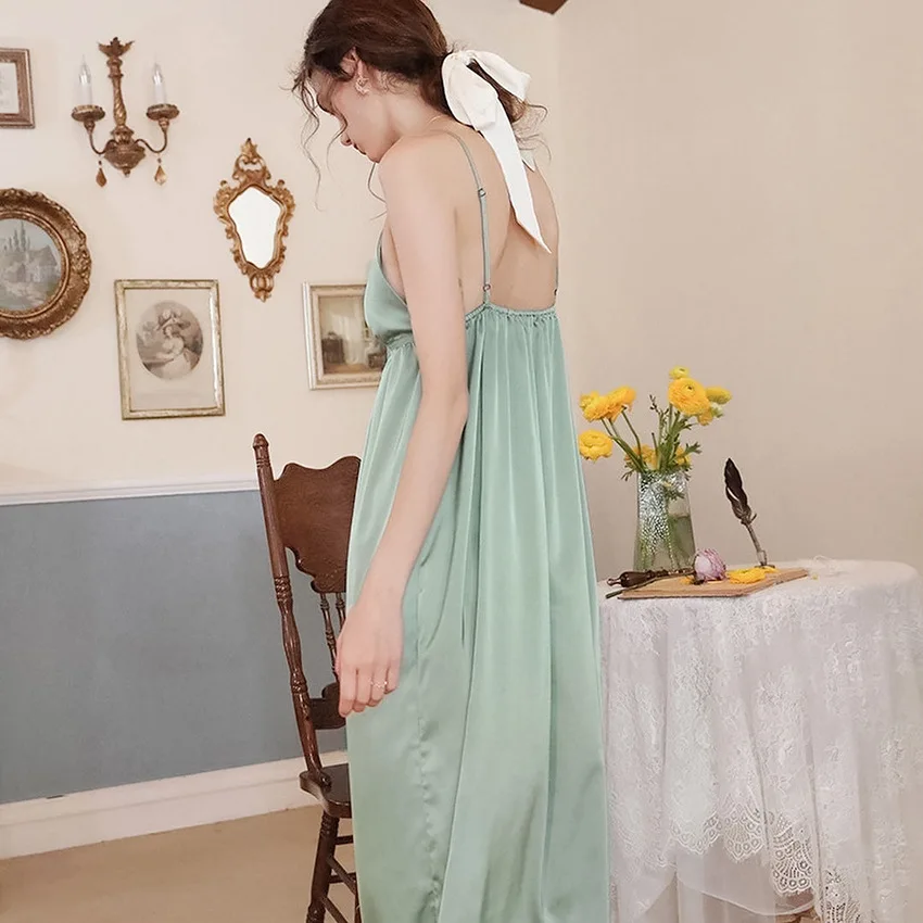 French Style Silky Nightwear Ladies Silk Night Dress Sexy Backless Designer Pajamas for Women Luxury Satin Loungewear