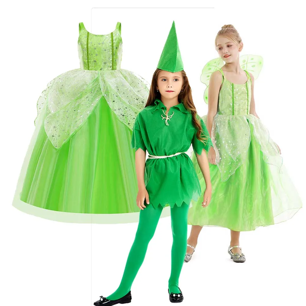 Girls Halloween Party Fairy Dress Up Kids Green Fairy Dress Costume With Wings Wand HCGD-001