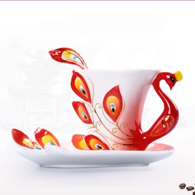 Unique Peacock Shape Elegant Porcelain Enamel Cup Wholesale Ceramic Tea Coffee Cups And Saucers