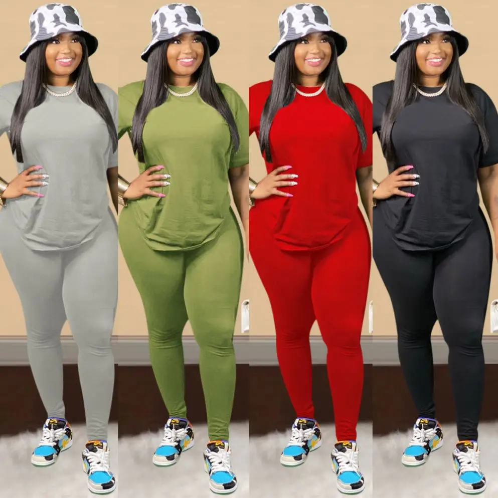 
Hot Selling Solid Color Cotton Two Piece Sets For Mature Female Lounge Wear Sets Round Neck Short Sleeve Women Sets 2020 