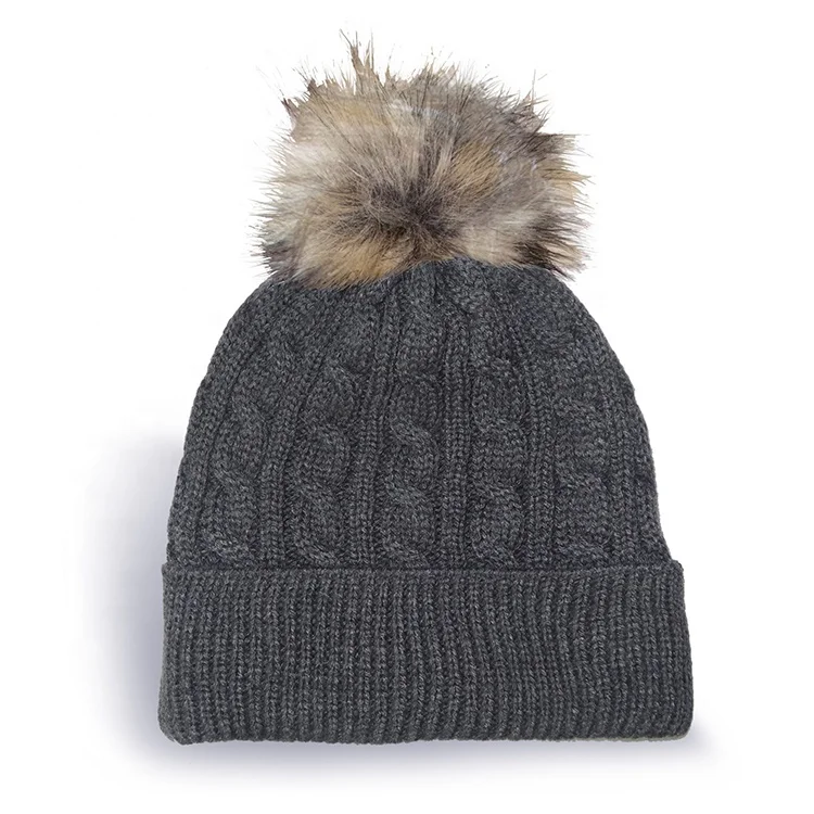 Custom Logo Cable Knit Tuque Beanie with Faux Fur Pom Pom