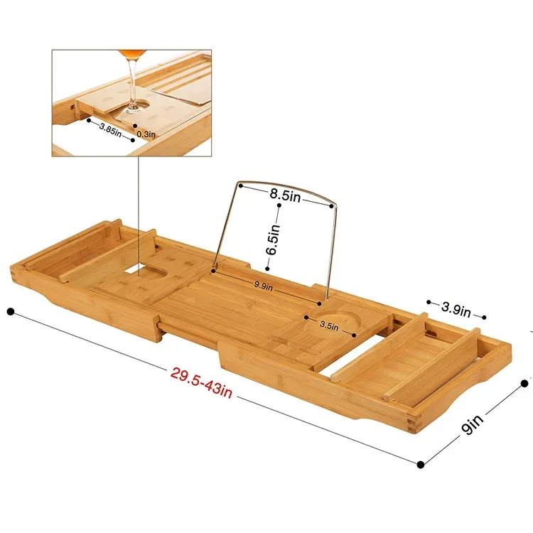 High Quality Wine Phone And Book Reading Holder Extending Sides Adjustable Trays Bamboo Bathtub Caddy