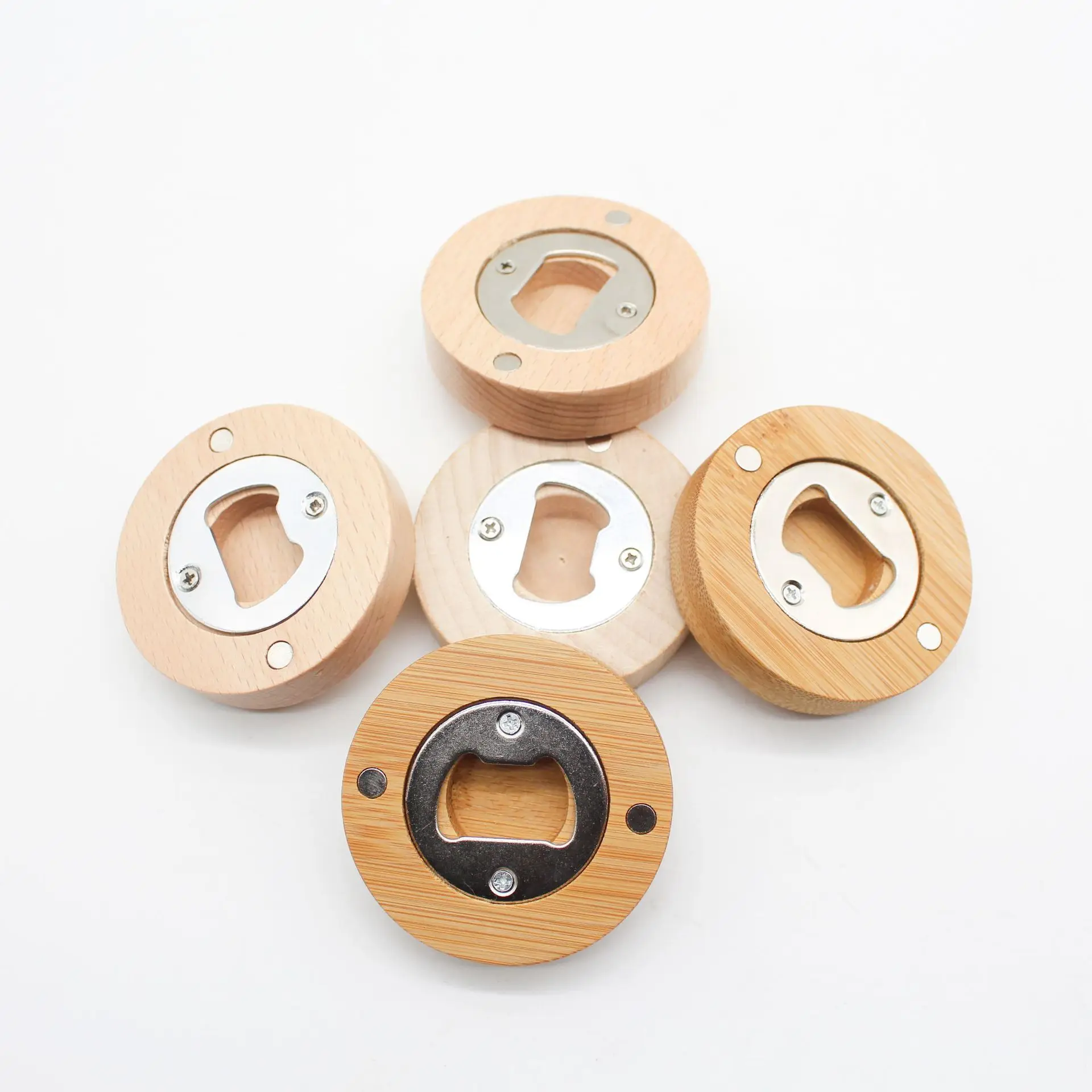 Custom logo laser print Wedding favor round shape wooden bottle opener fridge magnets
