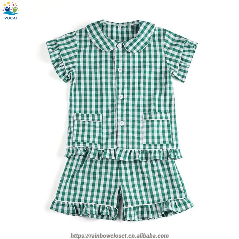 Children Girls Custom Design Ruffle Collar Shirts and Pants Set Kids Gingham Cotton Vintage Home Sleep Wear