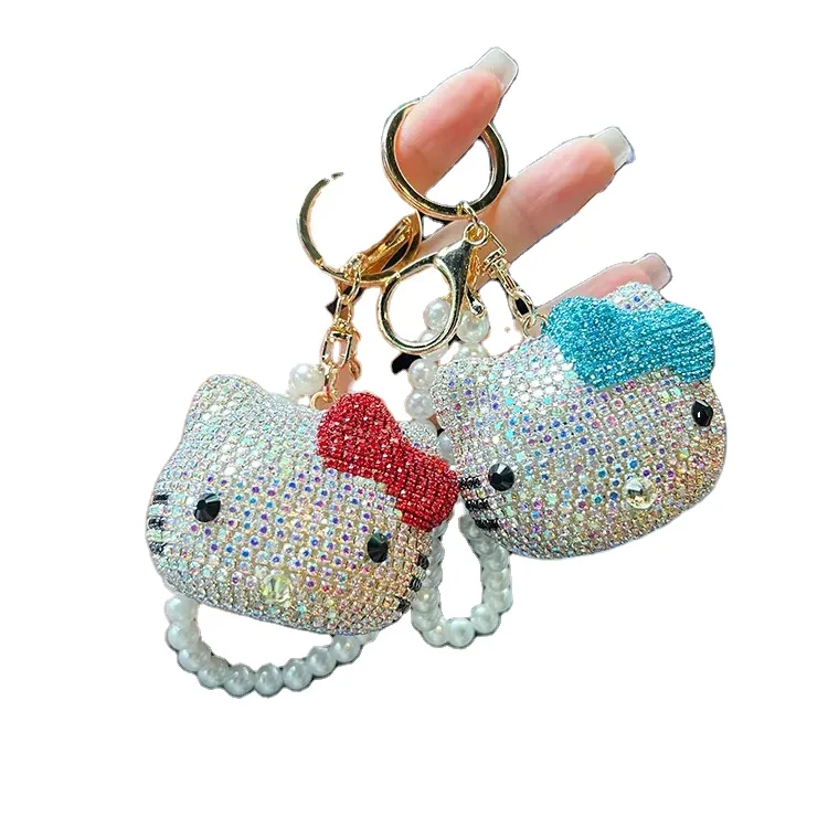 Sanrioed Bling Giamond Hello Kt Cat Keychains Full Diamond Rhinestone Kawaii Pendant Accessories Car Bag Key Ring Wholesale