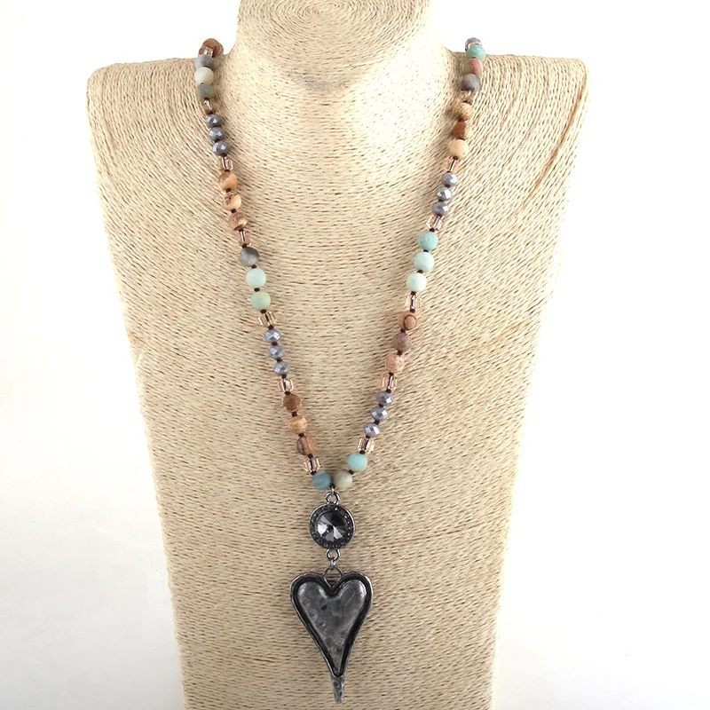 Women 8mm Long Knotted Round Crystal Natural Stone African Turquoise Necklace Big Metal heart Pendant Necklace