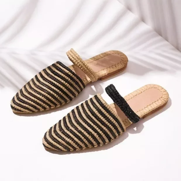 Black And White Striped Head Summer Flat Slippers Women Raffia Shoes Ladies Sandals Slippers Babouche Footwear