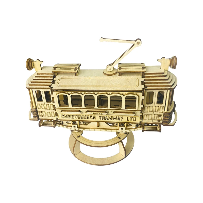 Hot Sale Retro Tram Wooden 3d Puzzle diy Streetcar Model Assembly Game for Teens Creative Handmade Building Kits Wood Crafts