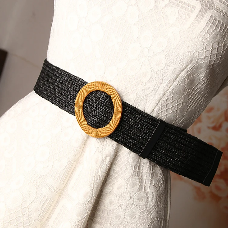 Wholesale round buckle waistband stretch straw woven braided women belt