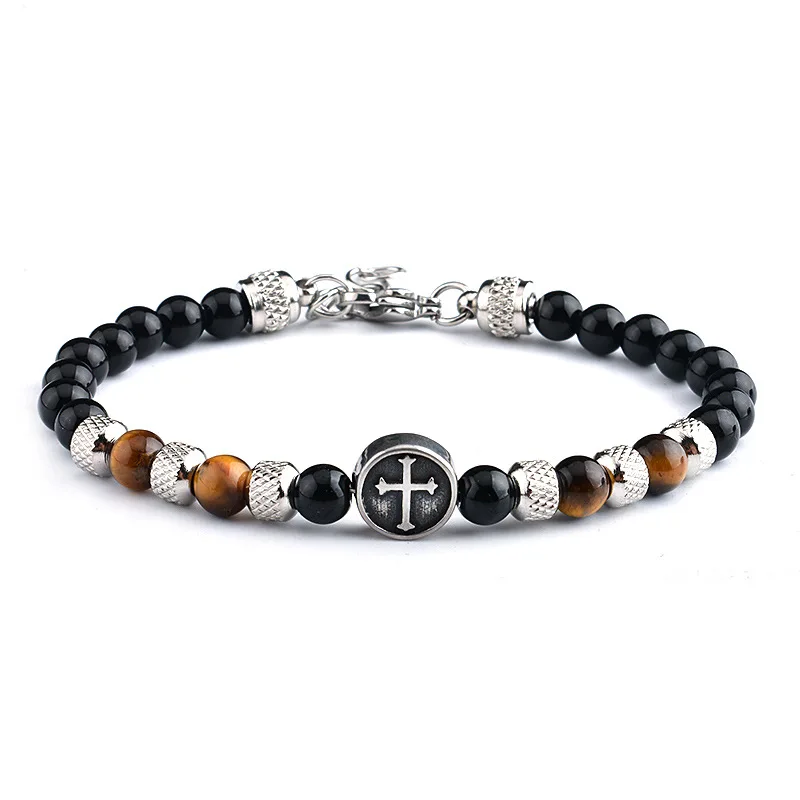 Fashion Small 6mm Tiger Eye Beads Bracelets, Stainless Steel Faith Cross Charm Bead Bracelets for Men