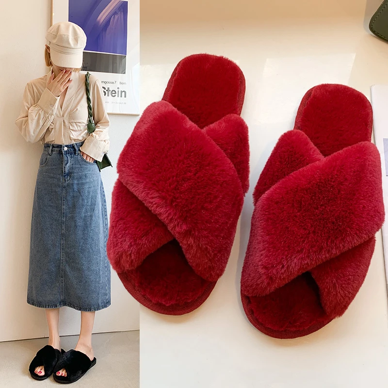 Winter Home Slippers Shoes Ladies Cross Soft Plush Furry Female Open Toe Slides Women Warm Faux Fur Slippers