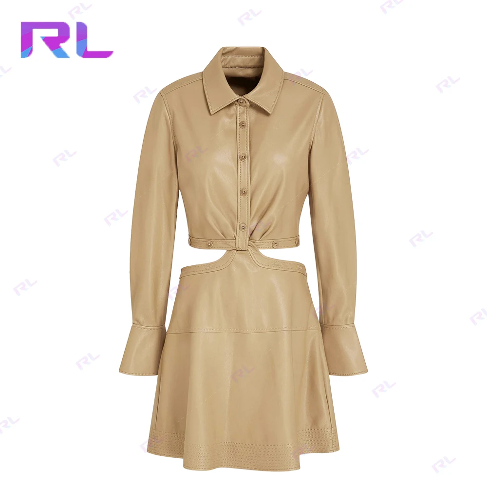 Long Sleeve Autumn Women Streetwear Clothing cutout twisted faux leather mini shirt dress 2 Piece Skirt Set Women Dress Set