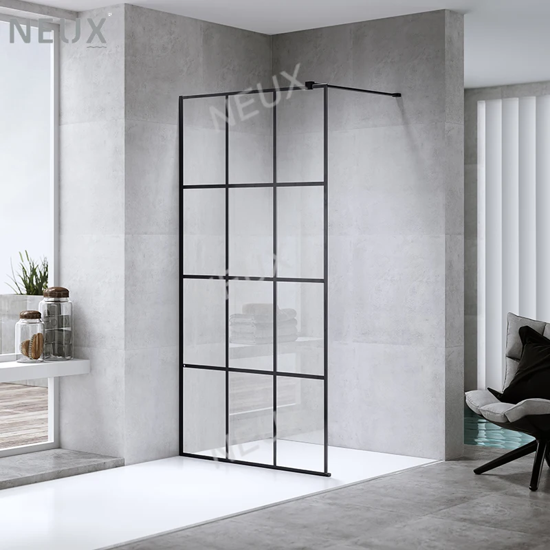 European Black Aluminium Frame Fixed Walk In Shower Single 8mm Glass Panel