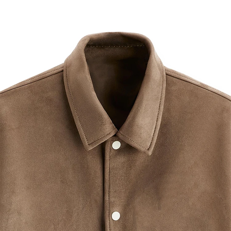 Men faux suede bomber jacket with patch and embroidery ribbed trims snap button front