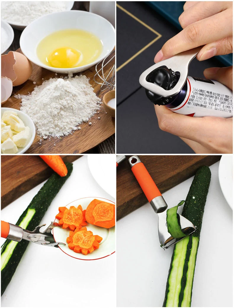 2025 new product Classic stainless steel peeler Multi-functional beer opener dish holder Egg beater egg whisk kitchen gadget set
