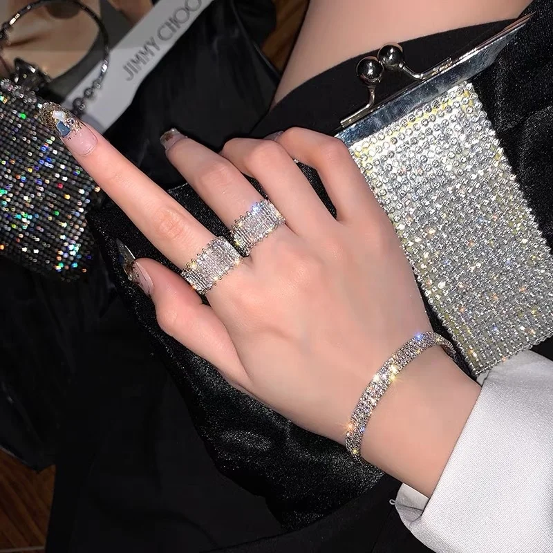 Cold Wind Luxury Hollow Ring Female Flash Diamond Ring South Korea Open Adjustable Ring INS Jewelry