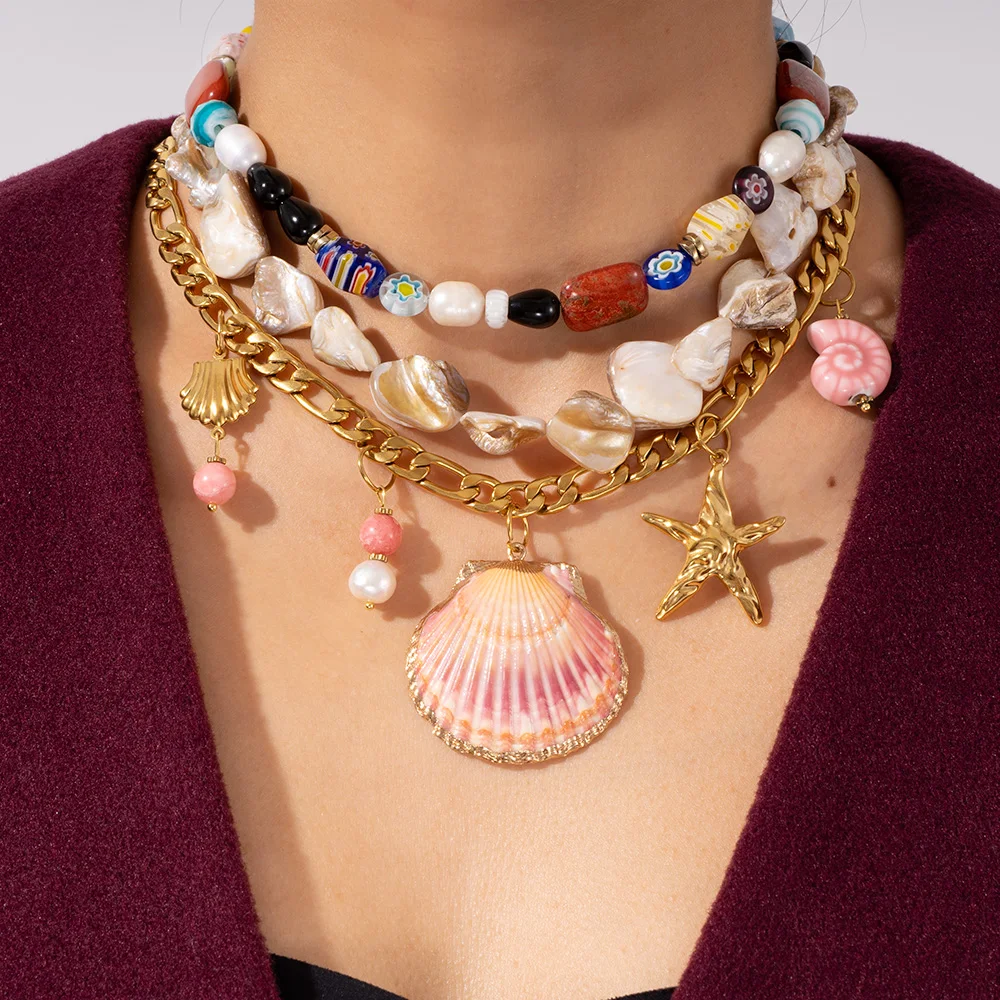 Ins Fashion Ocean Style Jewelry Stainless Steel Cuban Chain Big Shell Starfish Pendant Necklace Colored Glass Bead Necklace