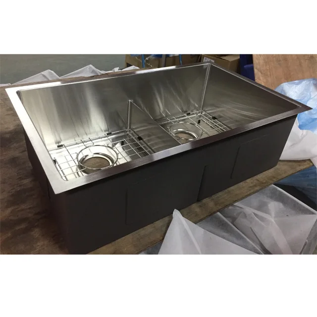 OEM SUS304 stainless steel undermount installation double bowl with low divide brushed surface kitchen handmade sink #3219DL