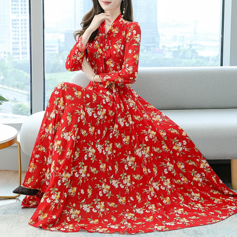 
Women Floral Print Dress With Lining Autumn Long Sleeve Female Bow Collar Chiffon Maxi Swing Dress Mujer Vestidos Plus Size 4XL 