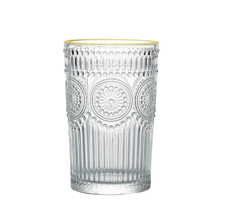 Antique-Class Sunflower Pattern Glass Cups Clear With Golden Edge Retro Design Eco-Friendly Fancy Embossed Juice Wine Milk Cup