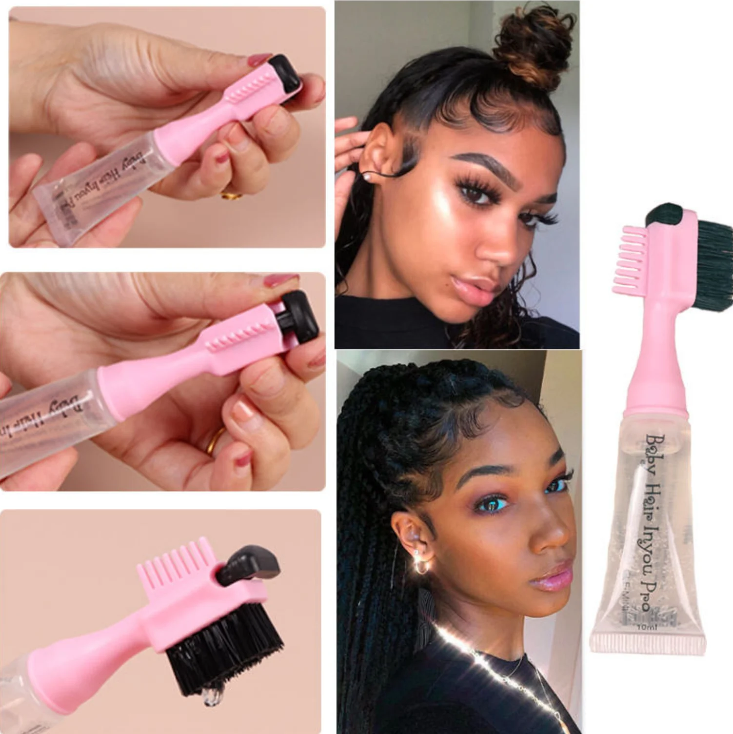 Custom Logo  Baby Hair Edge Control Gel Brush 10ML Whole Day Hold Waterproof Edge Control Gel With Brush Comb For Natural Hair