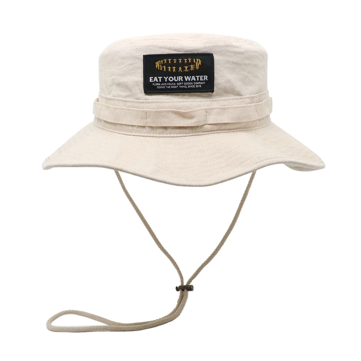 High Quality 100% Organic Cotton Outdoor Boonie Fisherman Safari Hat Custom Woven Label Bucket Hat With String