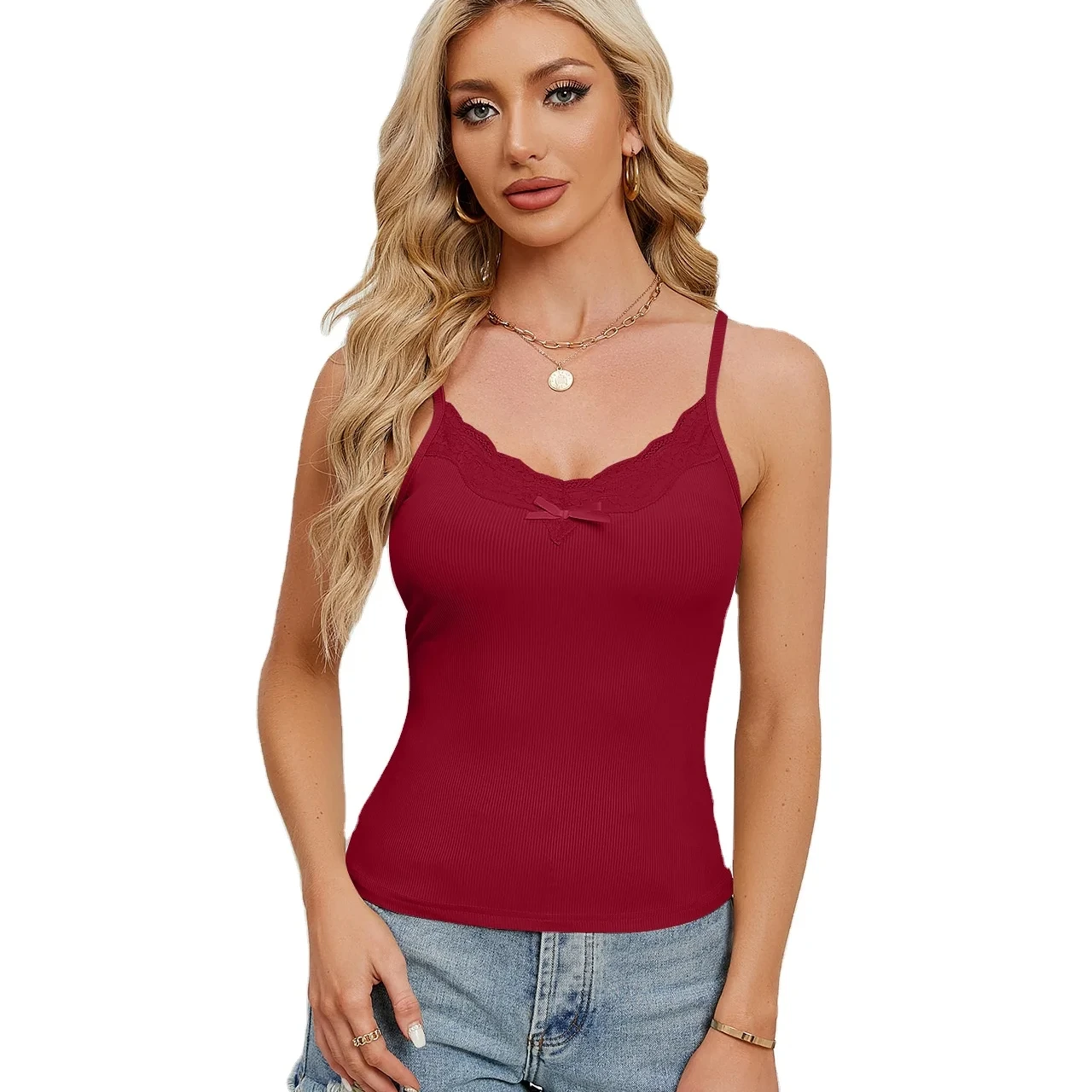 Knit Fitted Casual Bow Female Tank Top New Product Hot Sale Sleeveless Thin Strap Lace T Shirt Women Woven Red Streetwear Nylon