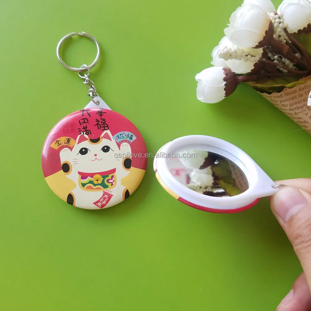 Factory custom cheaper promotional gifts color printing 58mm round shape metal tin pocket mirror keychain