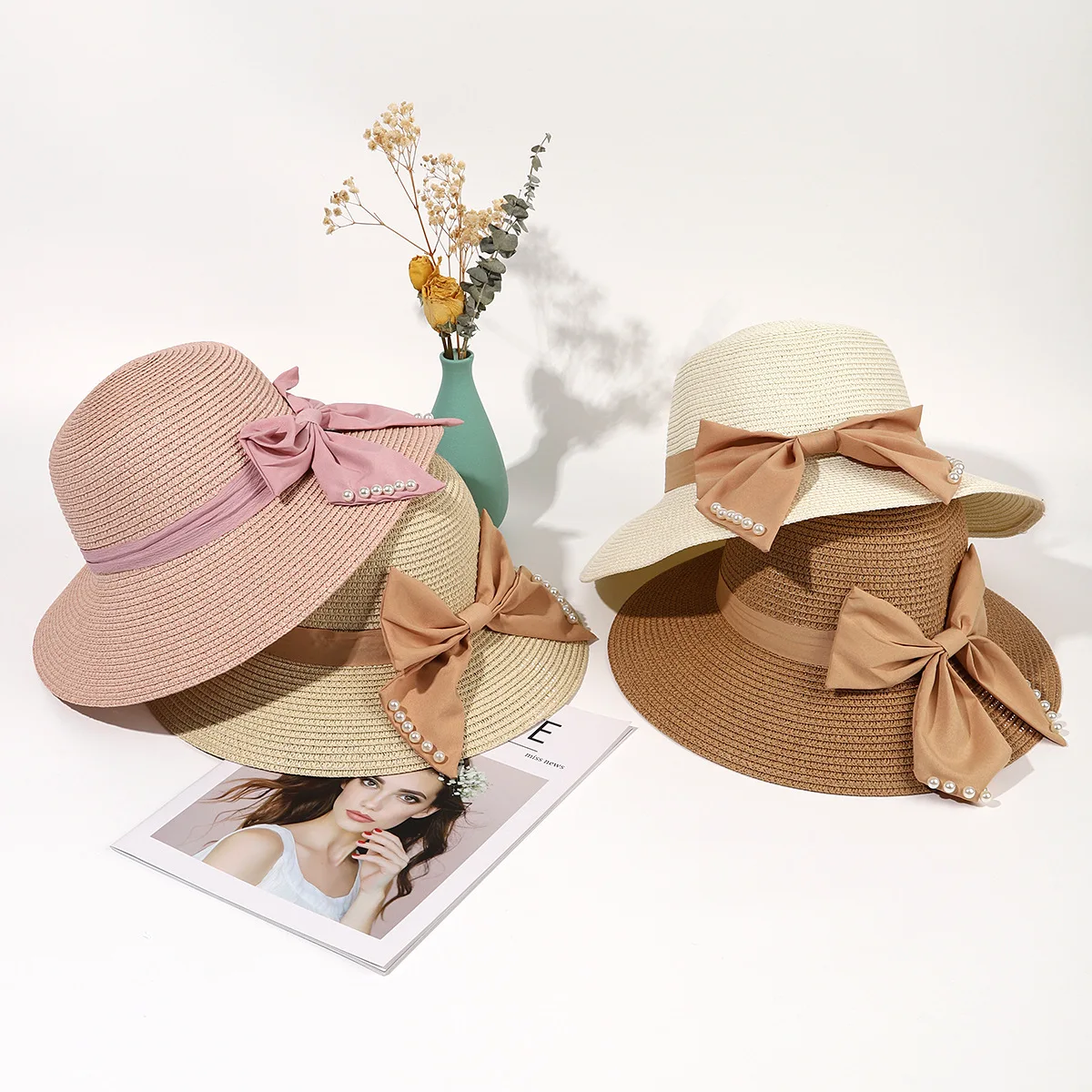 Recycled Bow Shaped Sun Hats For Women Summer Pearl Split Summer Women Top Hat Travel Big Eaves Wholesale Straw Hats