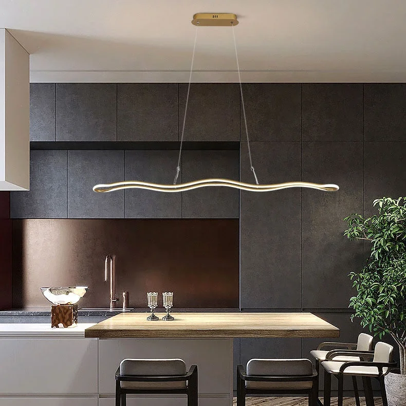 Simple Morden Wave LED Linear Pendant Light Hanging Chandelier for Kitchen Island Dining Table Living Room Office