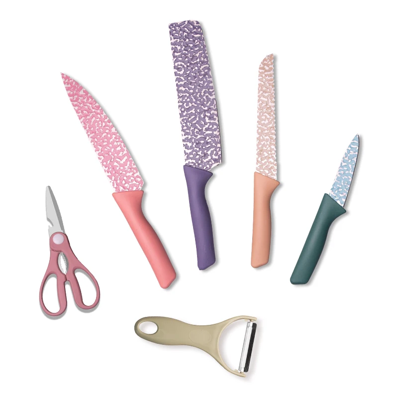 Eco-friendly PP Handle Fruit Vegetable Tool Set of Six Color-Printed Straw Knives and Scissors Stainless Steel Kitchen Knife Set