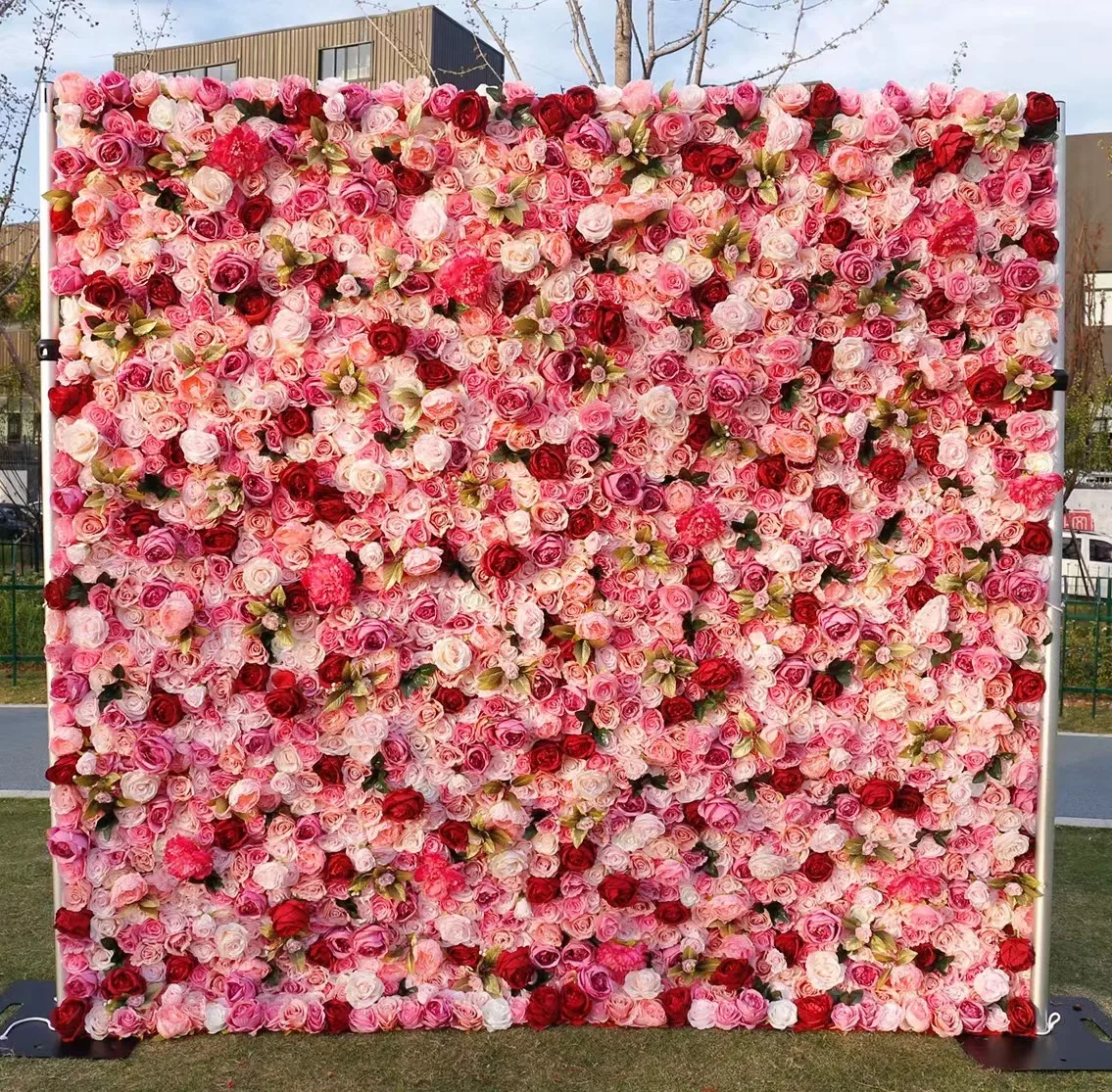 Floral Wall 3d Roll Up Hanging  Rose Hydrangea Artificial Silk White Pink Flower Wall Backdrop For Wedding Decoration Party