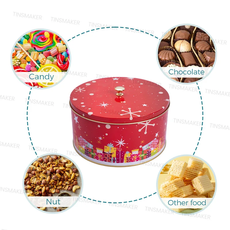 Food Printed Big Round Can Biscuit Cookie Cake Gift Metal Tinplate Toffee Candy Tin Large Plate Storage Box Screw Tin