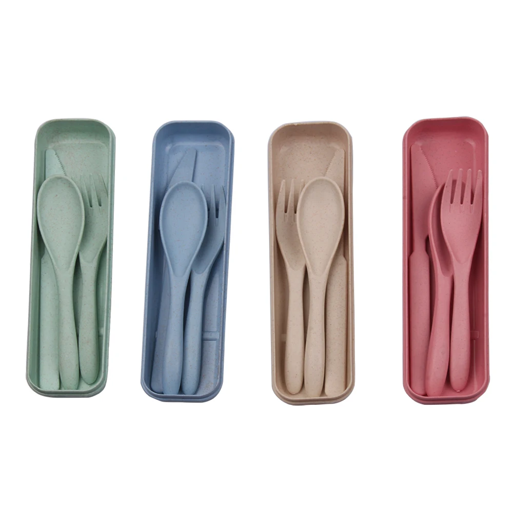 Portable wheat spoon and fork knife reusable wheat straw fiber plastic cutlery with case