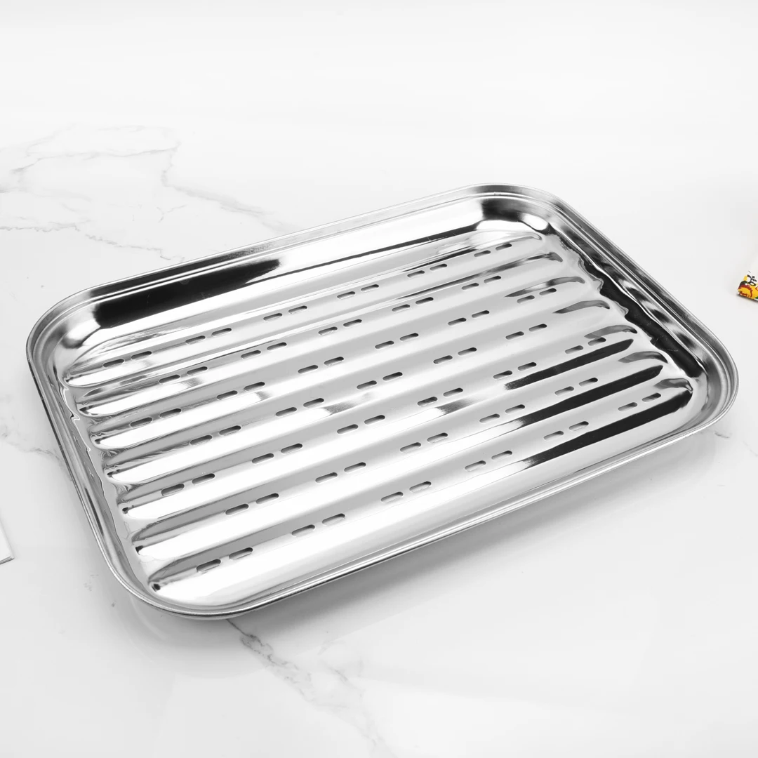 34cm Stainless Steel Perforated Rectangle Flat Fish Pan BBQ Grill Topper Tray Basket