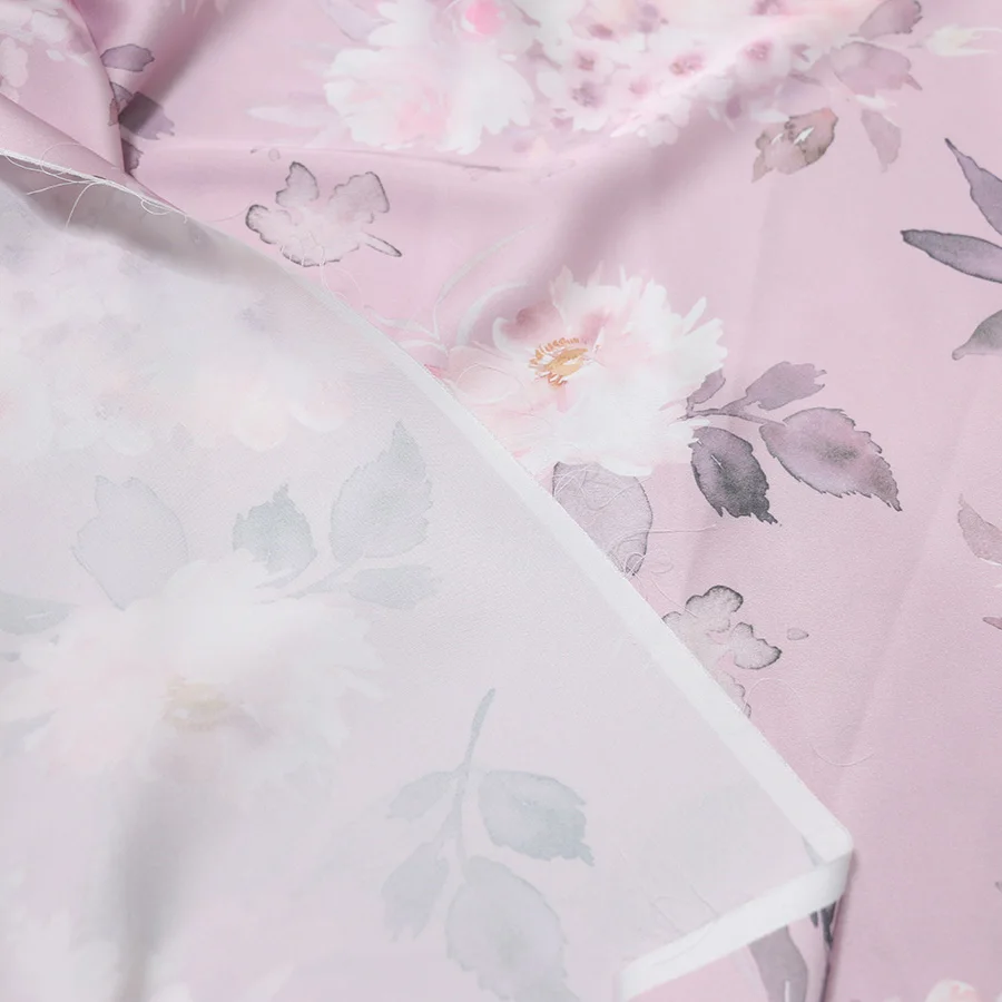 Elegant And Beautiful Design Satin Silk Printed Fabric Lightpurple Flower Patterns Glossy And Skin-Friendly For Dress
