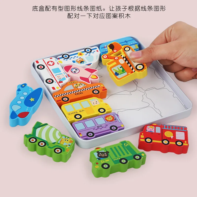 Wooden stacking building blocks puzzle 3d animals dinosaurs vehicle fruits farm puzzles kids early education creative jigsaw toy