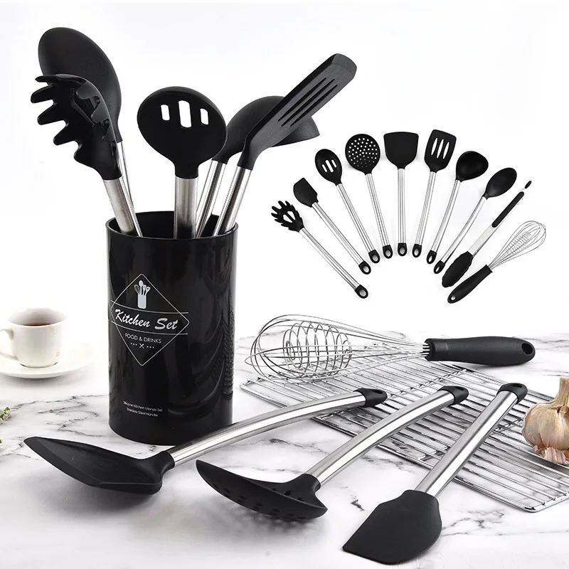 19-Piece Non-Stick Silicone Kitchenware Utensils Set Soup Spatula & Spoon Holder with Wood Handle PP PC Material Cooking Baking