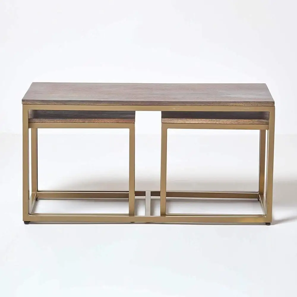 Coffee Table with 2 Nesting Tables 90 cm Wide Grey Finish Mango Wood and Metal Urban Nesting Tables Multi-Functional Modern