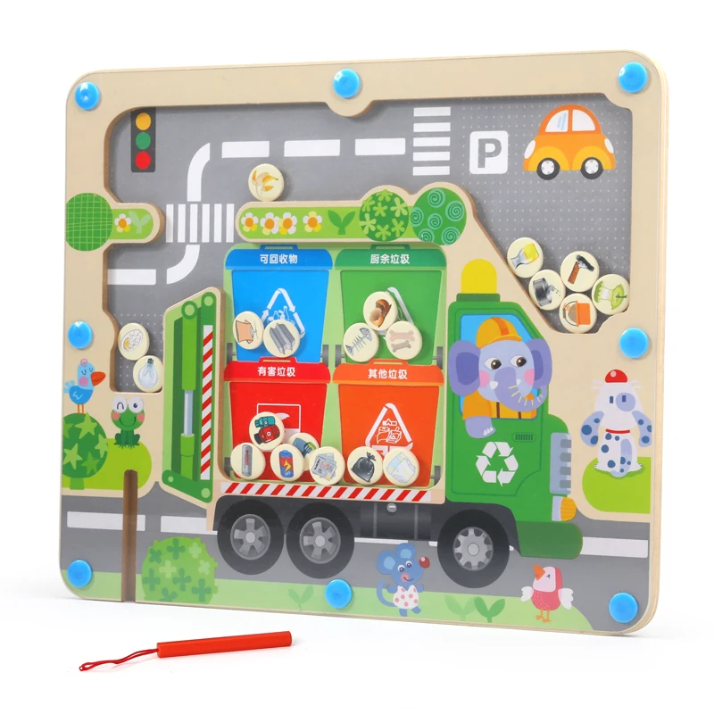 Детская деревянная коробка для сортировки мусора, настольная игра, детские деревянные магнитные бусины, лабиринт, Игрушки для раннего развития, интерактивные игрушки для родителей и детей