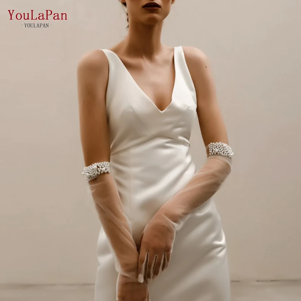 YouLaPan VM01-A Bachelor Party Accessories Clear Mesh Wedding Gloves Pearl Elbow Length Full Finger Bridal Gloves