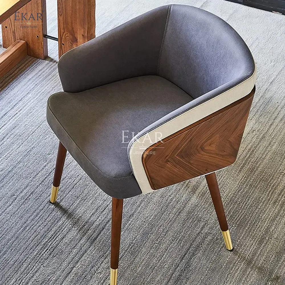 Walnut Wood Veneer Parquet Pattern Dining Chair with Armrests Stylish Modern Leather Seat for School Contemporary Design