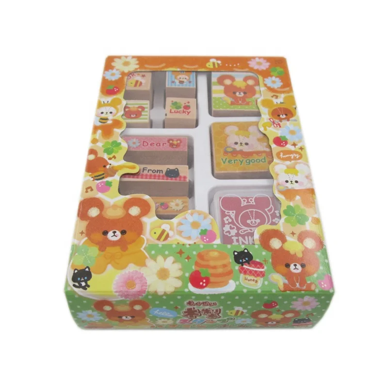 High quality Japanese funny wooden cartoon kids stamp with a mini red stamp pad
