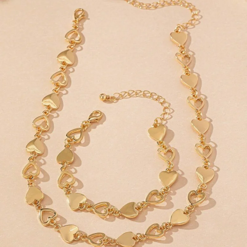Necklace Bracelet Set Elegant Fashionable Heart Shaped Cut-Out Design Made Of Stainless Steel Women Love Hollow Out Jewelry Set